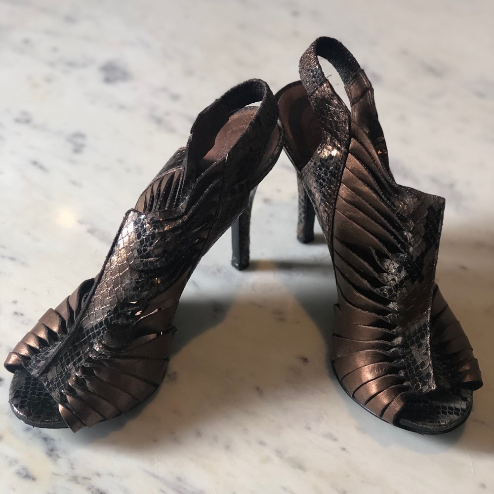 Carlos Santana black/bronze snake print heels